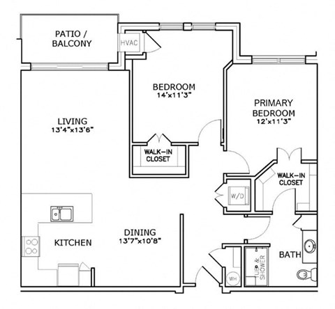 Floor plan for 2 beds, 1 bath, 1068 sqft